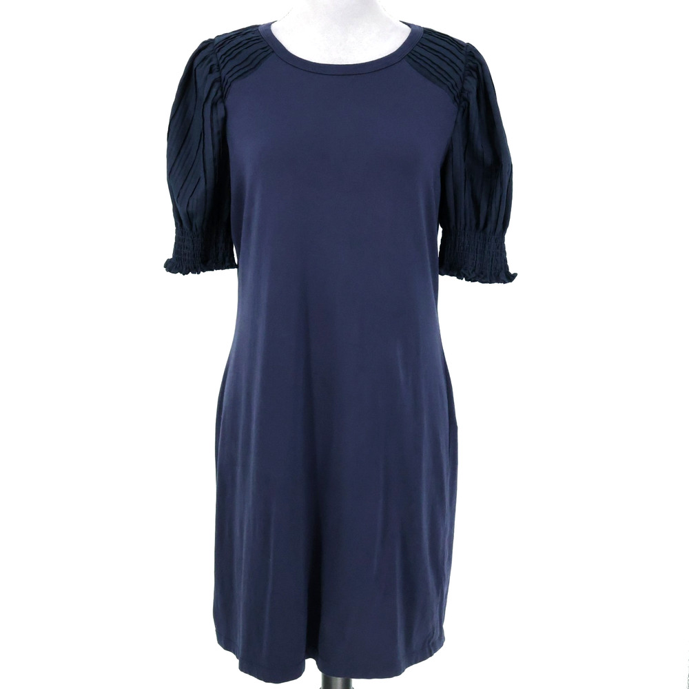 Calvin Klein Dress Womens 10 Navy Blue Stretch Cotton Knit Smocked Slv T-shirt